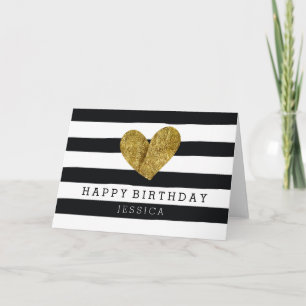 Carte Black Watercolor Stripes Gold Heart Anniversaire