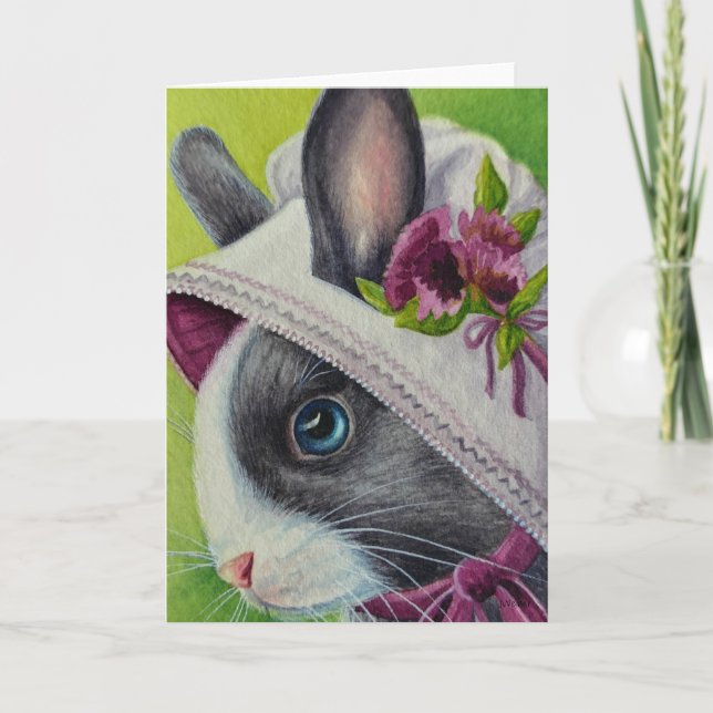 Carte Black White Dutch Rabbit dans l'aquarelle Bonnet (Devant)
