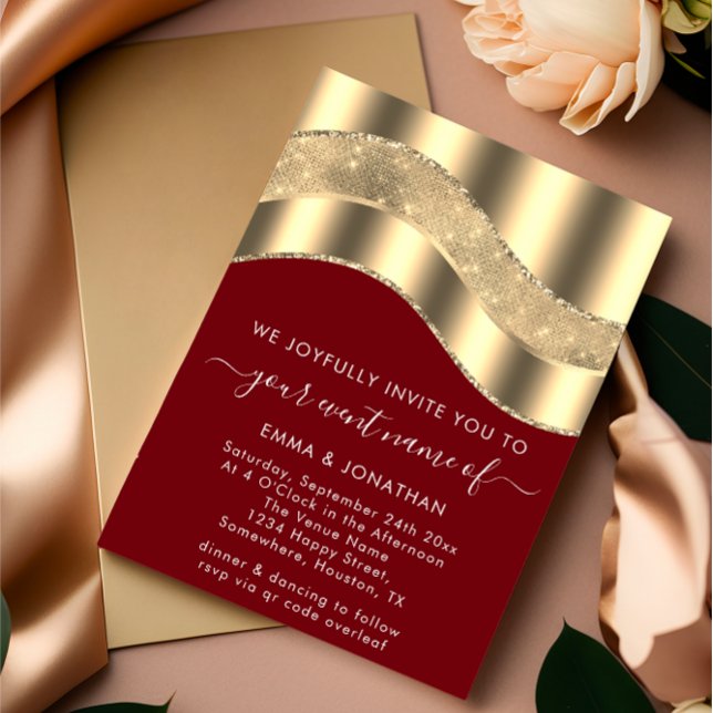 Carte Black White Gold Bordure Vague QR Code Mariage (Black White Gold Border Wave QR Code Wedding FlorenceK )