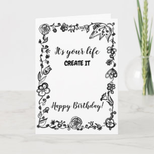Carte Black White Monochrome Boho Floral Doodle Birthday