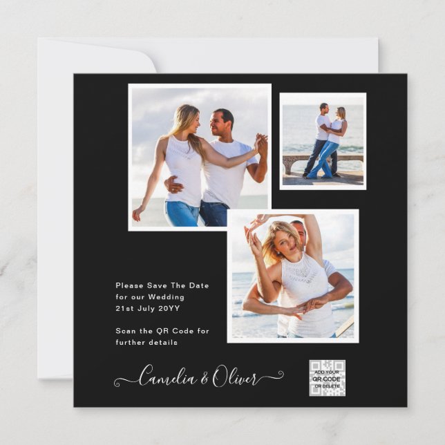 Carte Black White PHOTO Wedding Inviter QR Code Enregist (Devant)