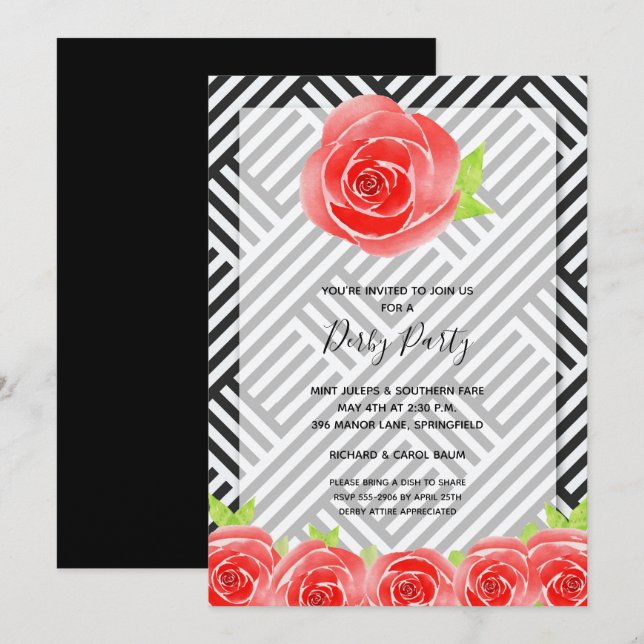 Carte Black White Stripes Roses Derby Horse Party Invita (Devant / Derrière)