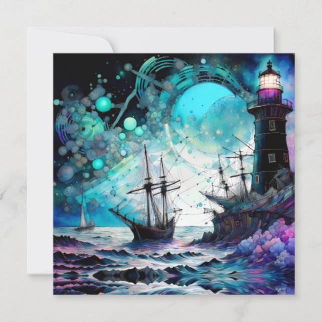 Carte Blacklight-Lighthouse et voilier mer tempête (Devant)