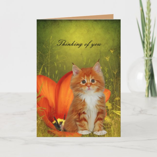 Carte Blanc Chat Kitten Fleurs "Penser à vous" (Devant)