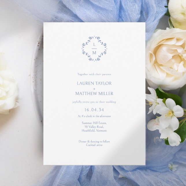 Carte Blanc + Floral bleu Monogramme Mariage floral (Créateur téléchargé)