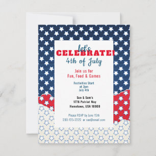 Carte Blanc rouge et bleu avec étoiles 4 juillet