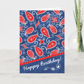 Carte Blanc rouge floral mignon et blues-jean de Paisley