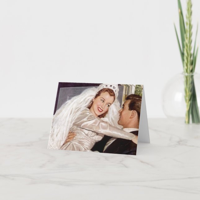 Carte blanche Retro Happy Bride & Groom Merci TY (Devant)