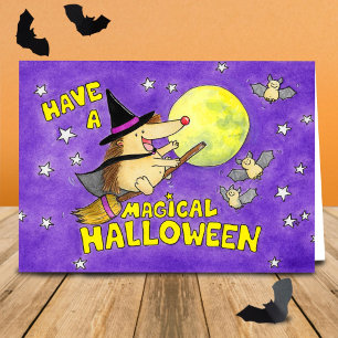 Carte Blanche Sorcière Mignonne Hérisson d'Halloween