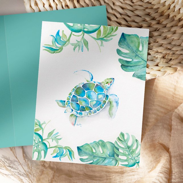 Carte blanche tortue de mer aquarelle (Sea turtle thank you cards blank with palm leaves watercolor art by Victoria Grigaliunas)