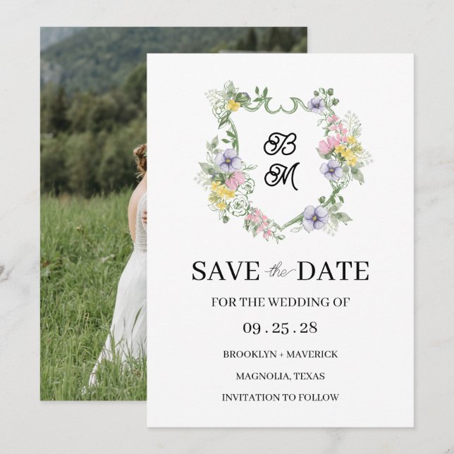 Carte Blason de monogramme floral formel de mariage (Devant / Derrière)