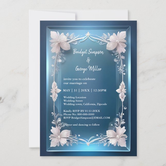 Carte bleu art déco cadre orné invite de mariage (Devant)