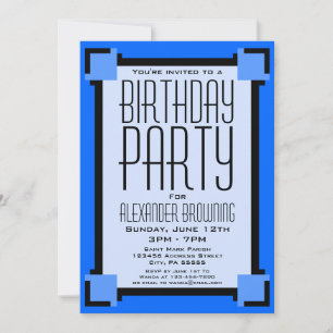 Carte Bleu Art Déco Géométrique Anniversaire Fête Invita