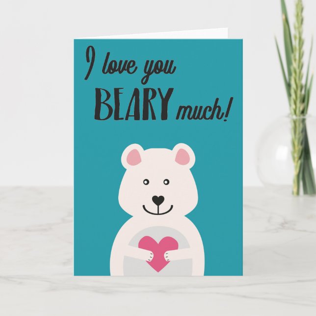 Carte Bleu avec un ours blanc cœur rose jeu de mots Sain (Devant)