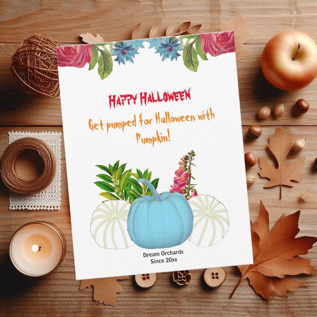 Carte Bleu blanc Bleu Chute Citrouille Aquarelle Flore V (White Blue Fall Pumpkin Watercolor Floral Greenery)