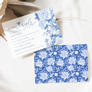 Carte Bleu Blanc Chinoiserie Bird Peony Mariage RSVP