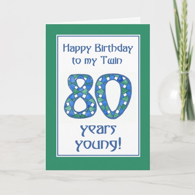 Carte Bleu chic, Vert, Blanc 80e anniversaire pour Twin (Devant)