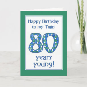 Carte Bleu chic, Vert, Blanc 80e anniversaire pour Twin