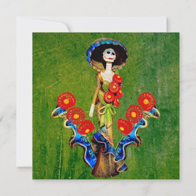 Carte Bleu doré antique Catrina sur fond vert délavé Boh (Devant)