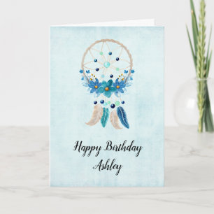 Carte Bleu Dreamcatcher avec Fleurs & Plumes Anniversair