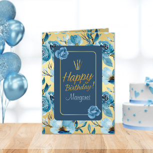 Carte Bleu élégant et or heureux anniversaire floral pli
