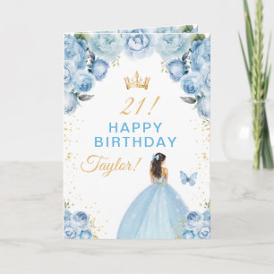 Carte Bleu Floral Brunette Cheveux fille Joyeux annivers