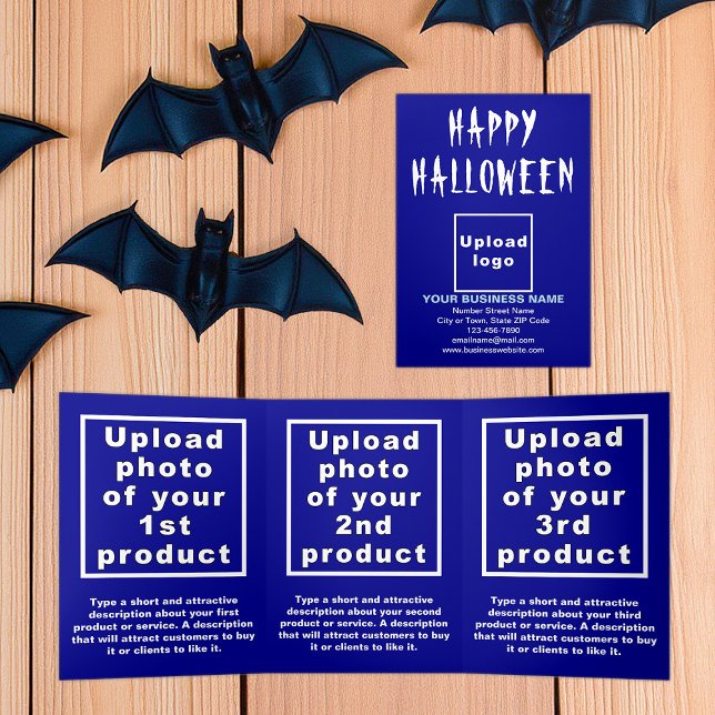 Carte Bleu Halloween d'affaires triples (Business brand and products on blue Halloween trifold card)