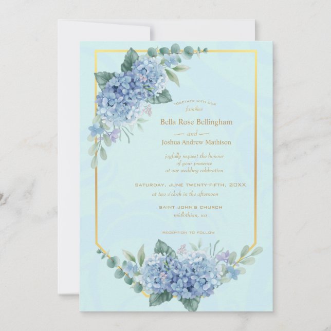 Carte Bleu Hydrangeas en Mariage cadre en Bleu (Devant)