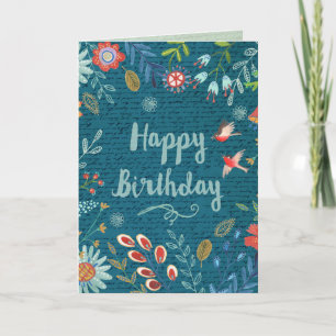 Carte Bleu joyeux Joyeux Anniversaire Fleurs de Pays