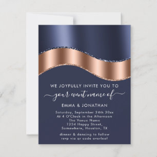Carte Bleu Marine Rose Gold Bordure Vague QR Code Mariag