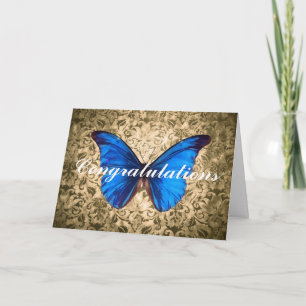 Carte Bleu papillon damassé Félicitations art Vintage