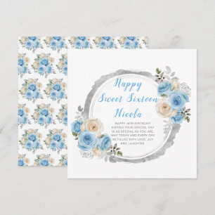 Carte Bleu Poussiéreux Fleurs Élégantes Argent Douce Sei