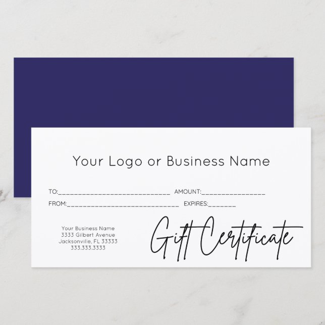 Carte Bleu Script Votre Logo Certificat Cadeau Professio (Devant / Derrière)