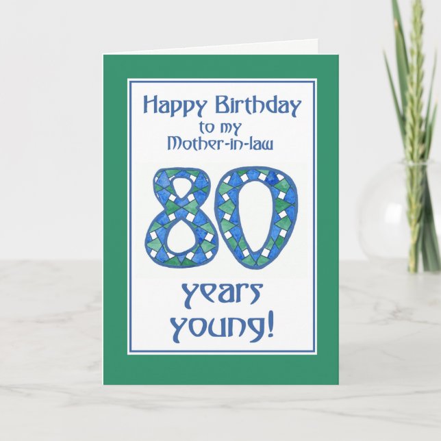 Carte Bleu, Vert, Blanc 80e anniversaire pour belle-mère (Devant)