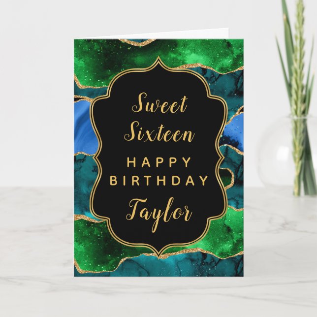 Carte Bleu Vert Peacock Agate Sweet 16 Joyeux anniversai (Devant)