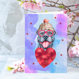Carte Bleu violet gris Pitbull Saint Valentin Chien cade