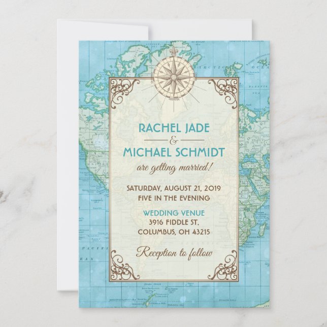 Carte bleue Faire-part de mariage Voyage (Devant)