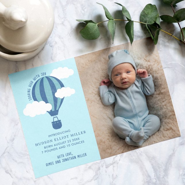 Carte Bleue faire-part de naissance à air chaud (Hot air balloon birth announcement card)