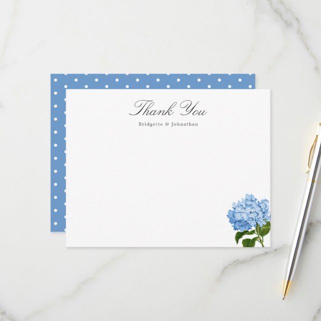 Carte bleue Hydrangea Nom personnalisé Merci plat (Devant/Arrière en situation)