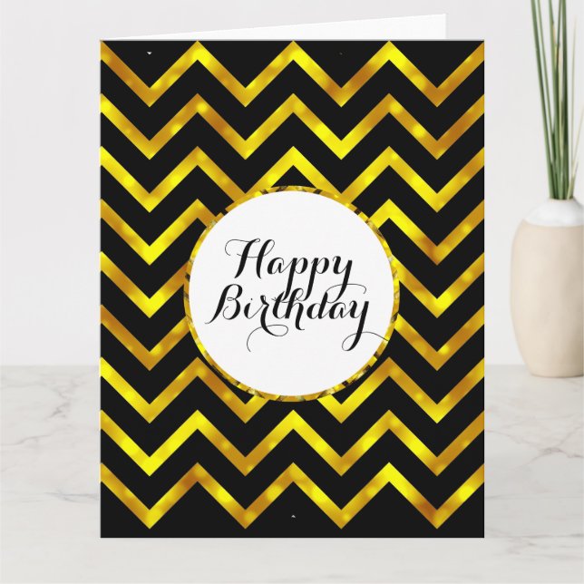 Carte Bling d'anniversaire noir or chevron | Vide (Devant)