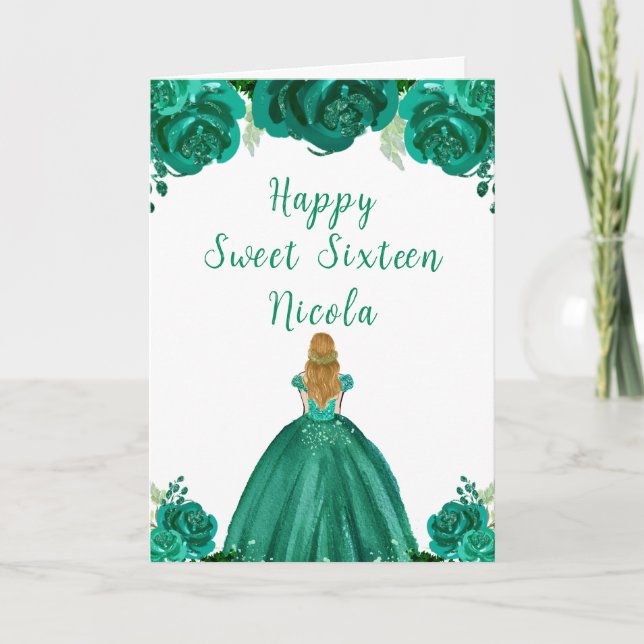 Carte Blonde Hair Princess Green Floral Sweet sixteen (Devant)