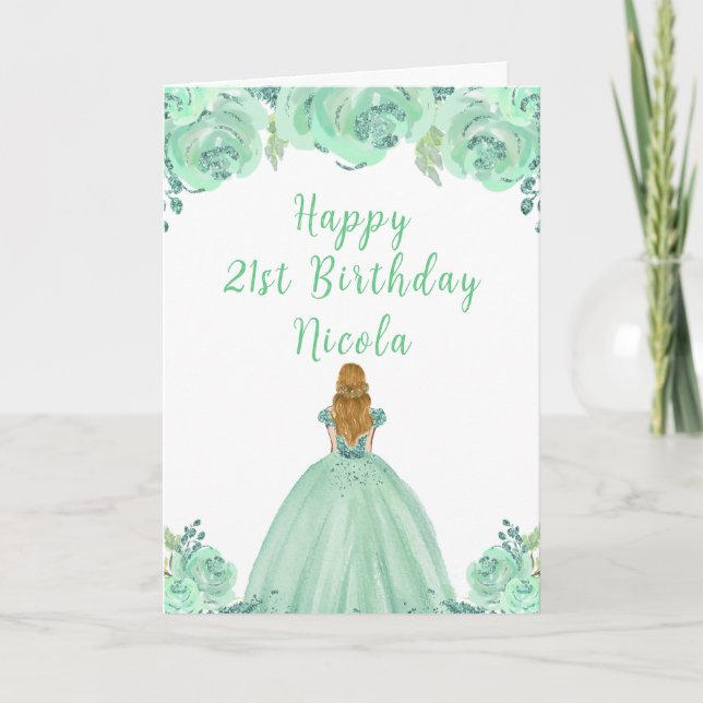 Carte Blonde Hair Princess Mint Floral Anniversaire (Devant)