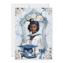 Blue and White Floral Photo Graduation Announcemen