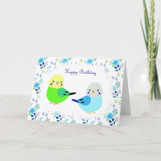 Carte Blue Budgie Green Budgie Floral Joyeux anniversair (Devant)