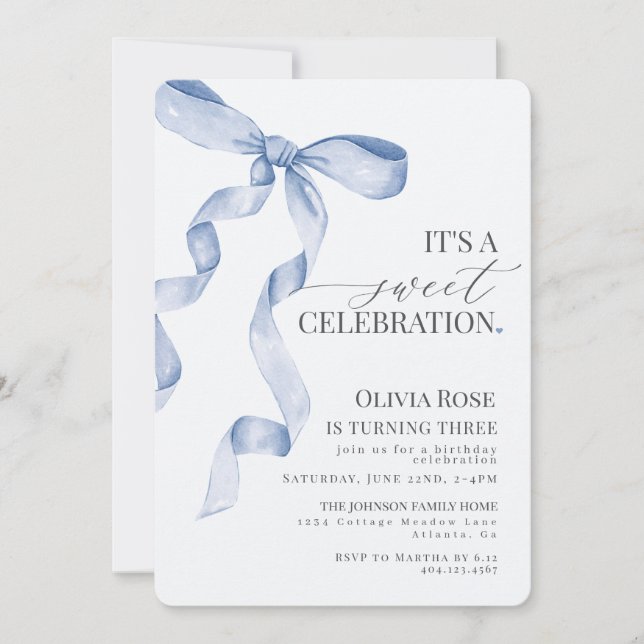 Carte Blue Coquette Bow Girl Anniversaire Fête Invitatio (Devant)