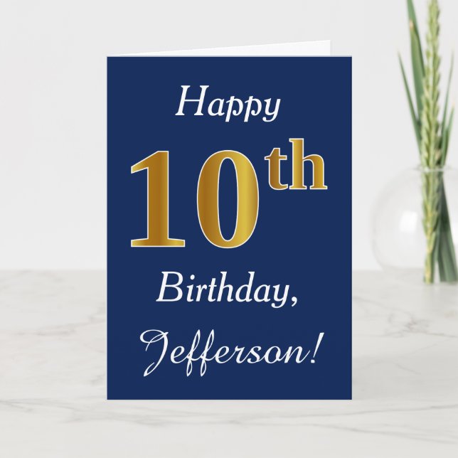 Carte Blue, Faux Gold 10e anniversaire + Nom personnalis (Devant)