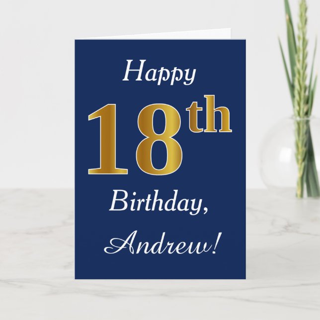 Carte Blue, Faux Gold 18e anniversaire + Nom personnalis (Devant)