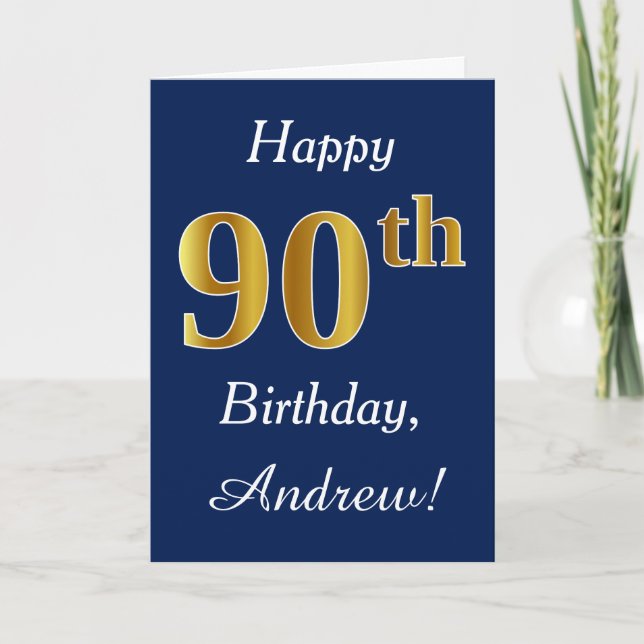 Carte Blue, Faux Gold 90e anniversaire + Nom personnalis (Devant)