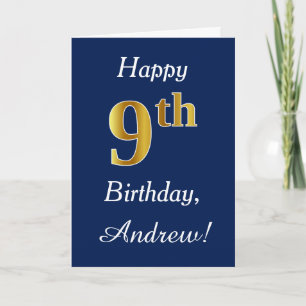 Carte Blue, Faux Gold 9e anniversaire + Nom personnalisé