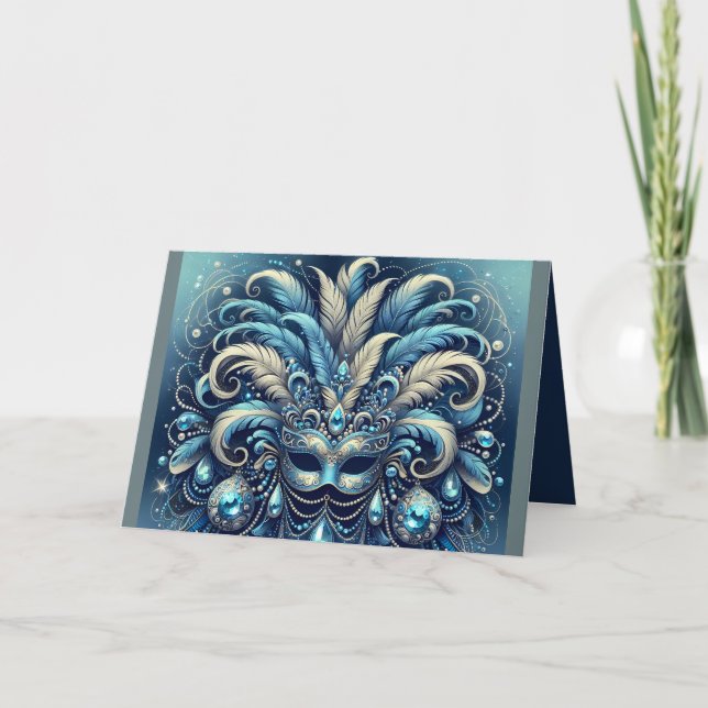 Carte Blue Feather Masquerade Mask Illustration (Devant)
